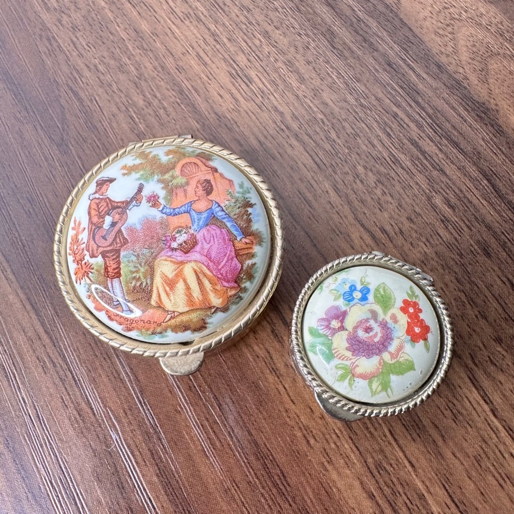 Vintage Fragonard Courting Scene and Floral Gold Tone Pill Trinket Box Set of 2